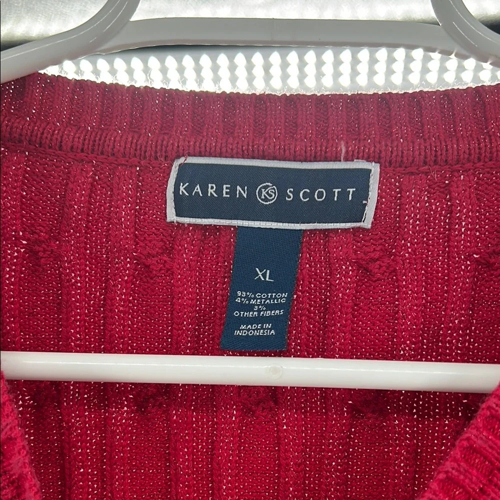 Karen Scott Red Crew Neck Sweater with Textured Knit XL cable knit metallic